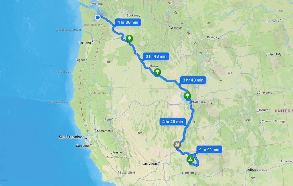 Map of the western United States, with a blue route line showing a path between Seattle and Grand Canyon National Park